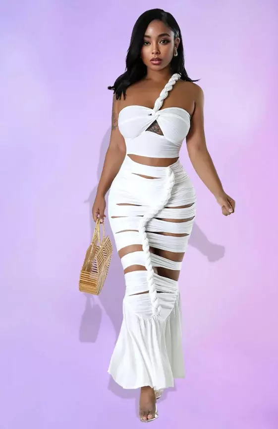 Cutout One Shoulder Rope White Bodycon Maxi Dresses
