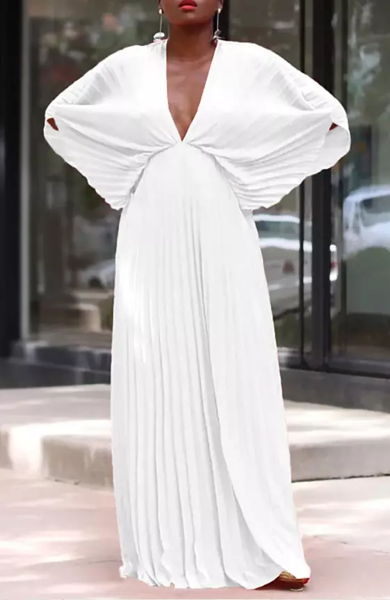 Pleated Deep V Neck Batwing Sleeve A-Line Elegant White Maxi Dresses
