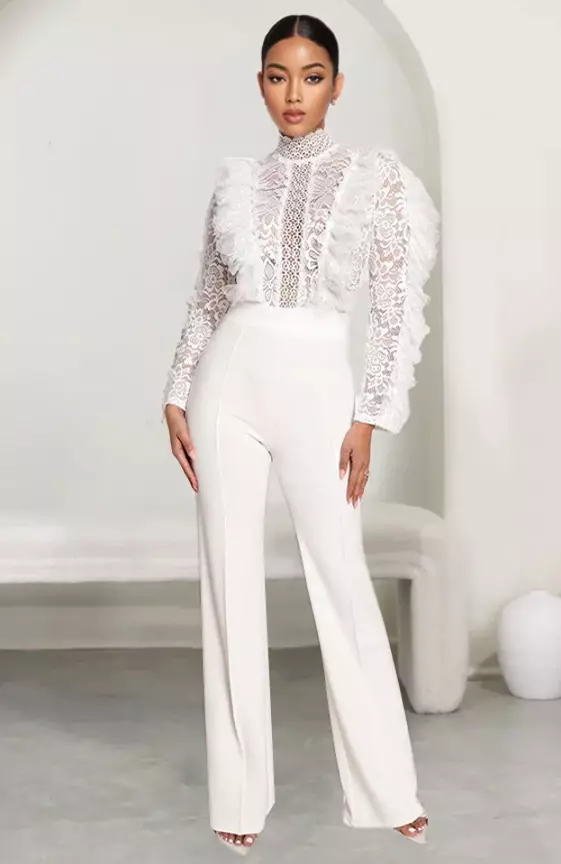 Lace Patchwork Asymmetric Ruffled Long Sleeve High Waist Straight Leg White Jumpsuit
