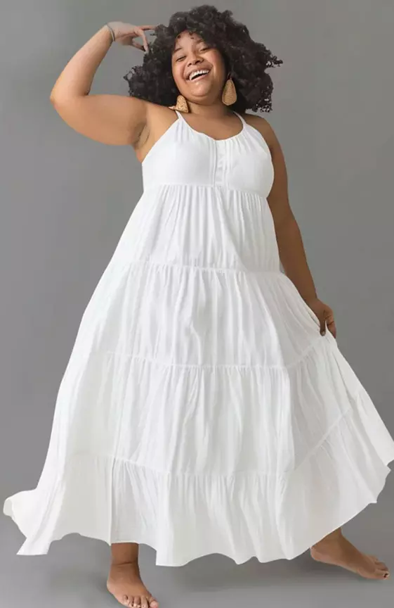 Xpluswear Design Plus Size Sundress Beach White U Neck Fold Linen Maxi Dresses
