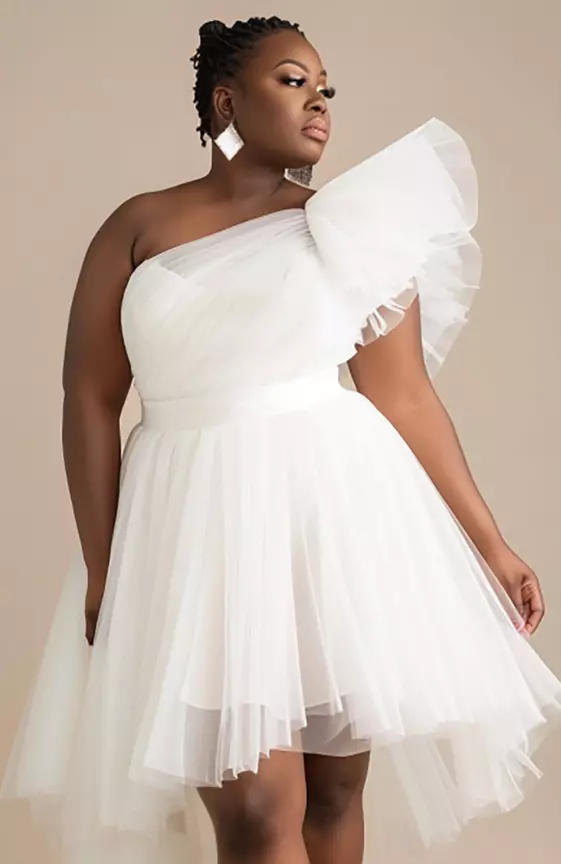 Xpluswear Design Plus Size Cocktail Party Elegant White Oblique Collar One Shoulder Irregular Hem Tulle Mesh Mini Dresses

