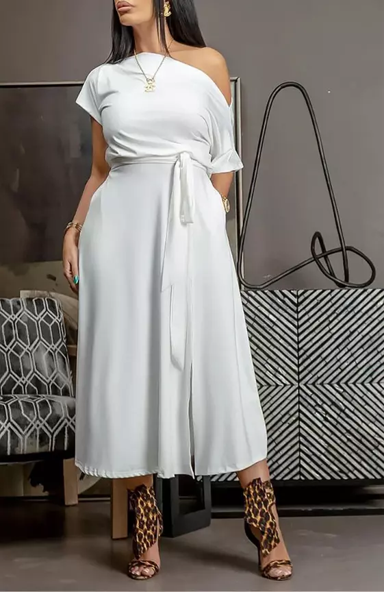 Plus Size Daily White Oblique Collar Short Sleeve Pocket Split Knitted Midi Dresses

