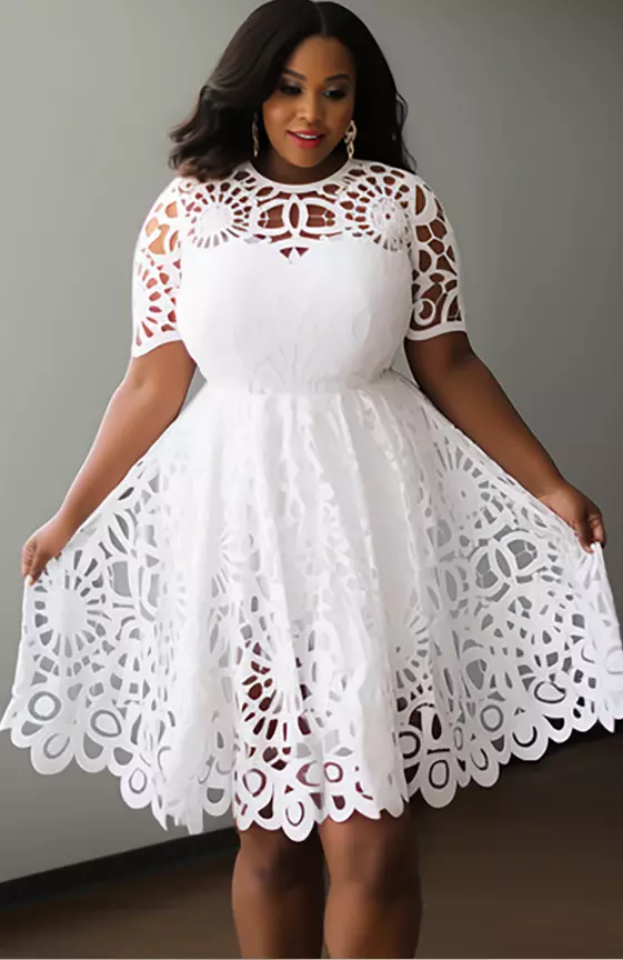 Xpluswear Design Plus Size Semi Formal White Round Neck Short Sleeve See Through Guipure Lace Mini Dresses
