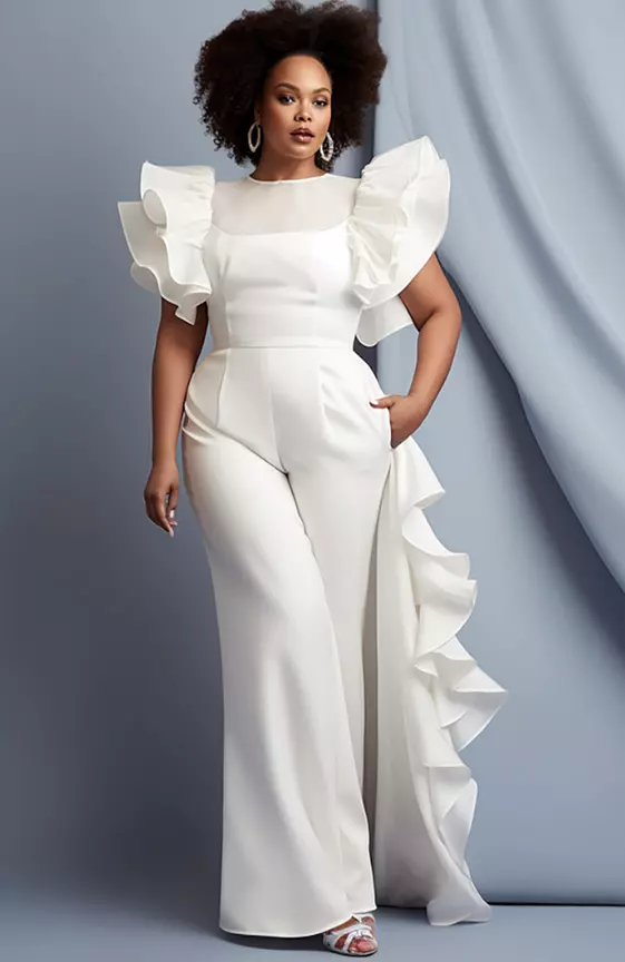 Xpluswear Design Plus Size Semi Formal Elegant White Round Neck Petal Sleeve Ruffle Pocket Organza Jumpsuits
