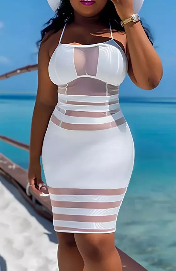 Xpluswear Design Plus Size Sundress Beach White Bodycon Fishnet Horizontal Stripes Midi Dresses
