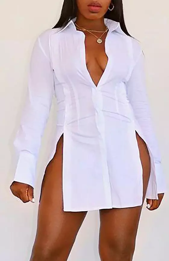 Plus Size White Daily Side Slit Plain Long Sleeve Shirt Mini Dresses
