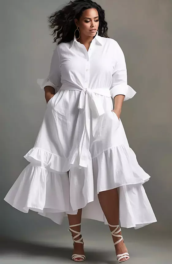 Xpluswear Design Daily White Elegant Shirt Collar Long Sleeve Ruffle Irregular Hem Linen Midi Dresses
