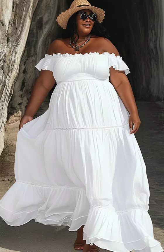Xpluswear Design Plus Size White Vacation Off The Shoulder Layered Tunic Maxi Dress
