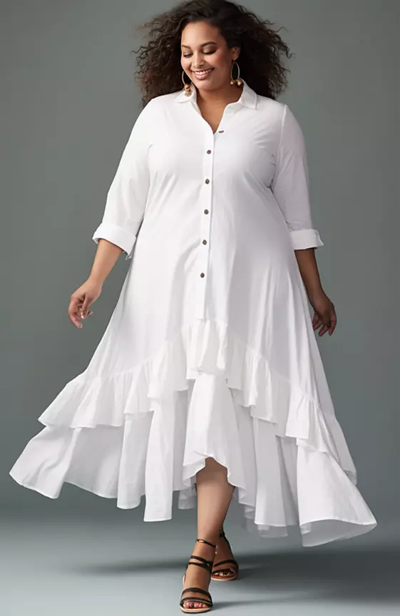 Xpluswear Design Daily White Elegant Shirt Collar Long Sleeve Ruffle Linen Midi Dresses
