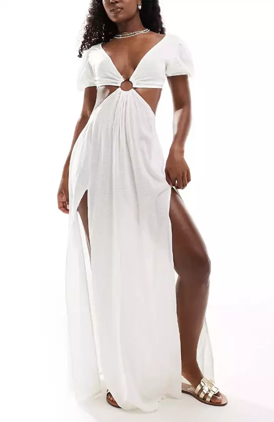 ASOS DESIGN puff sleeve cut out maxi beach dress with ring detail in white
