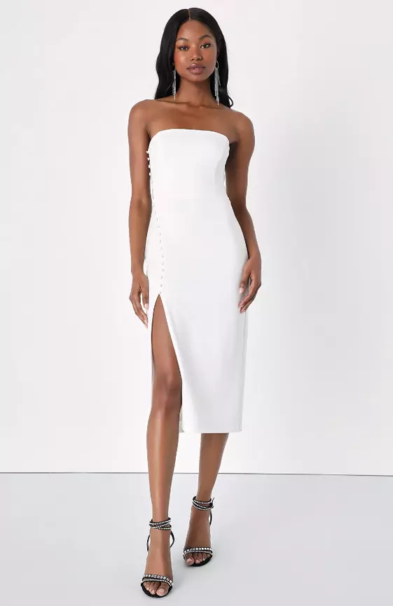 Loving the Feeling White Strapless Bodycon Midi Dress
