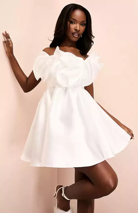 ASOS LUXE bandeau ruffle wired corsage mini dress in white
