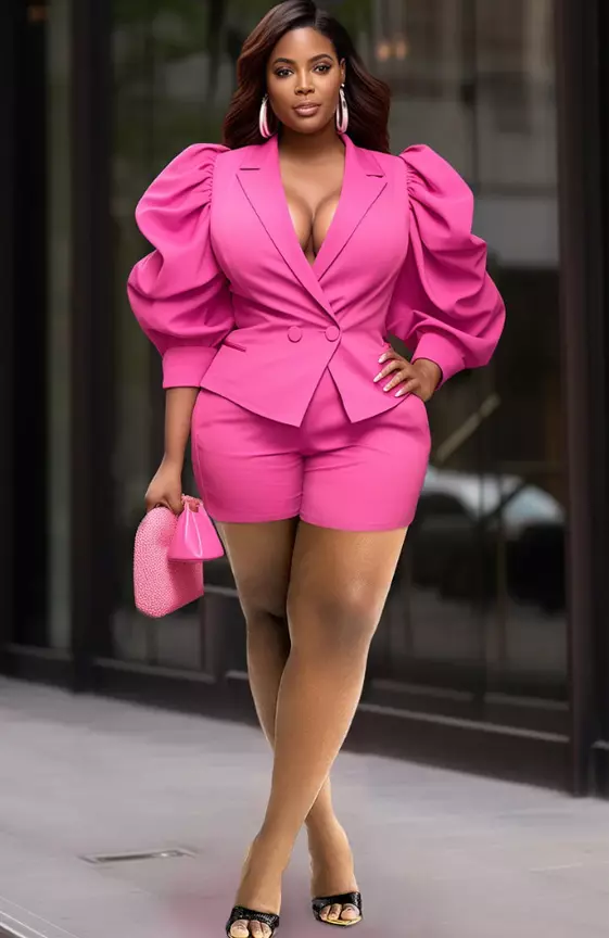 Xpluswear Design Plus Size Business Casual Hot Pink Turndown Collar Puff Sleeve 3/4 Sleeve Button Satin Two Piece Pant Suits
