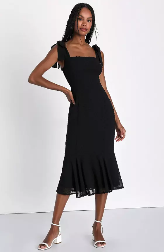 Bimini Black Swiss Dot Tie-Strap Midi Dress
