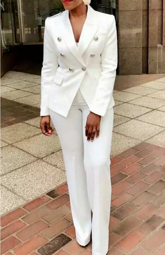 Plus Size Business Casual Pant Set White Lapel Collar Double Breasted High Waist Two Piece Pant Set With Pocket
