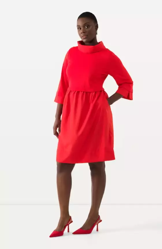 Layered Look Stand-Up Collar Taffeta Skirt Dress
