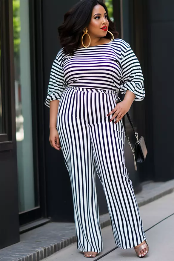 Xpluswear Design Plus Size Business Casual Black Striped Lantern Sleeve Two Piece Pant Sets
