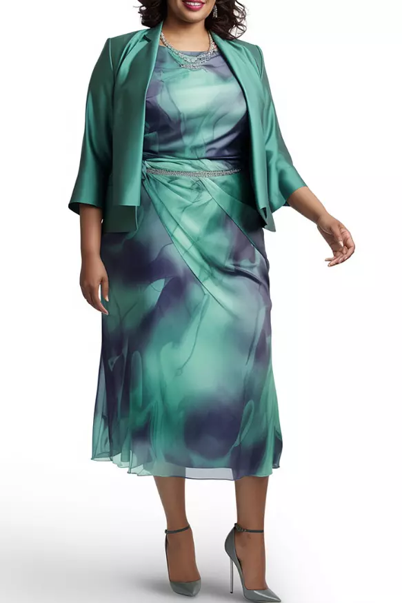 Xpluswear Design Plus Size Business Casual Green Water Ripples Round Neck 3/4 Sleeve Chiffon Two Piece Dress Set
