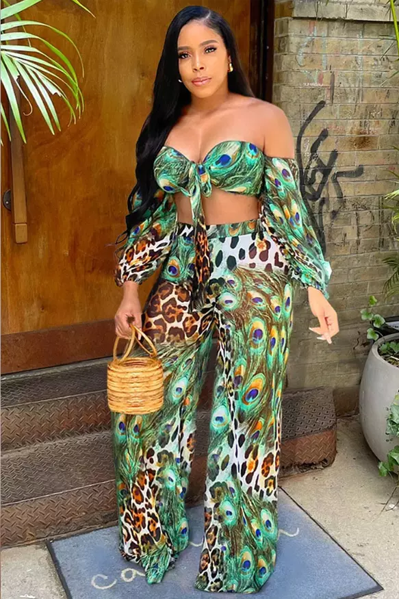 Animal Print Long Sleeve Off Shoulder Knotted Crop Top Wide Leg Pants Vacation Matching Set
