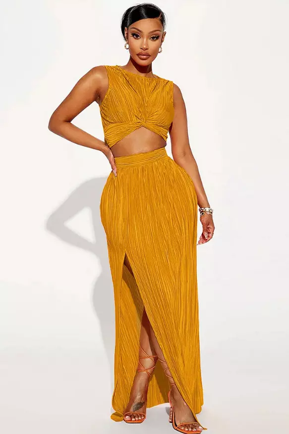 Pleated Twisted Tank Crop Top Bodycon Slit Side Vacation Maxi Skirt Matching Set
