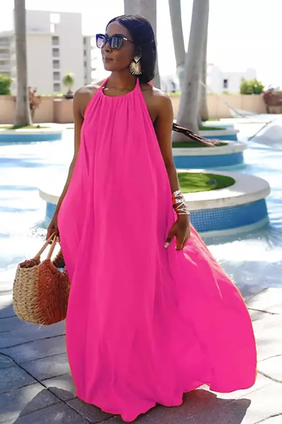 Halter Backless Pleated Sleeveless Casual Maxi Swing Dresses
