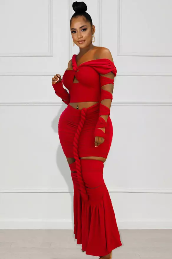 Cutout Long Sleeve Ruched Bodycon Knit One Shoulder Maxi Dresses
