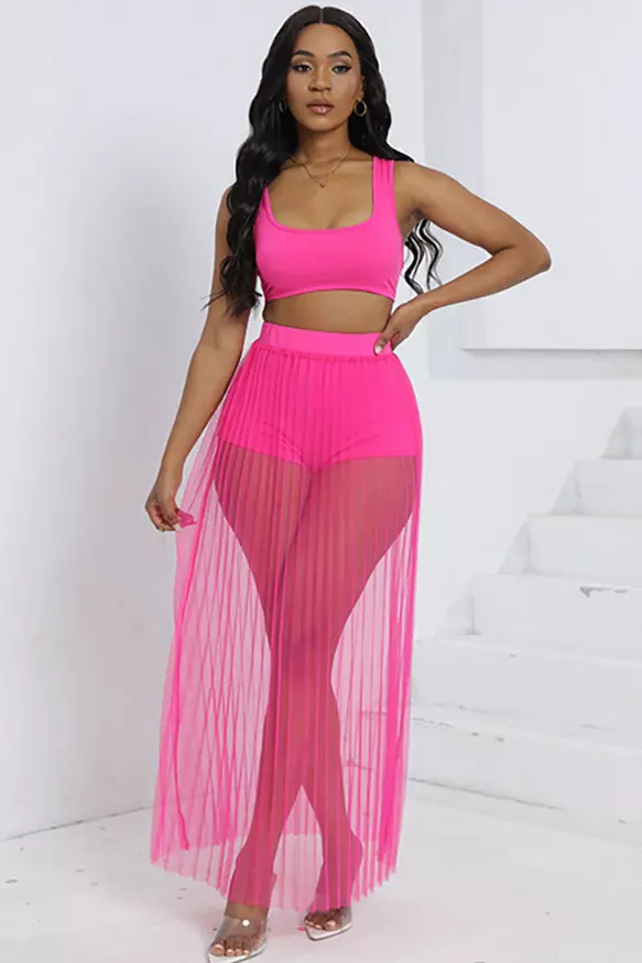 Square Neck Sleeveless Crop Top Shorts See Through Pleated Mesh Maxi Skirt Three-Piece Set
