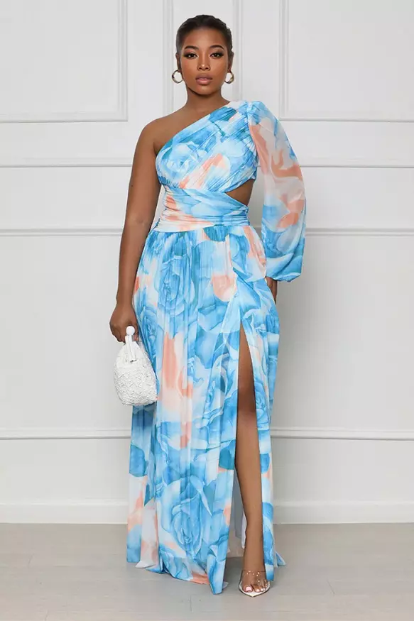 One Shoulder Long Sleeve Asymmetric Cut Out Pleated High Slit Party Floral Maxi Dresses
