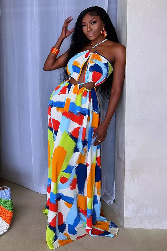 Multicolor Print Sleeveless Halter Cutout Maxi Dresses
