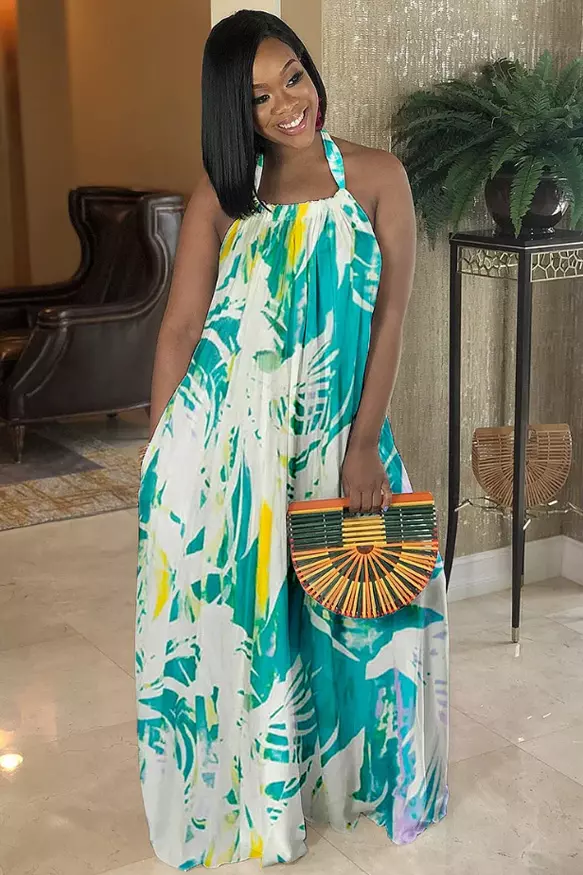 Halter Sleeveless Tropical Print Vacation Pleated Oversized Maxi Dresses
