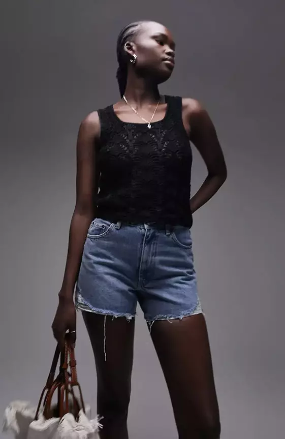 Topshop Tall denim A-line mom shorts with rips in mid blue
