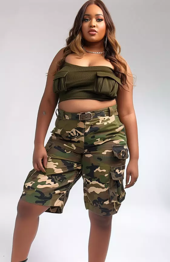 Xpluswear Design Plus Size Daily Army Green Camo Cargo Shorts

