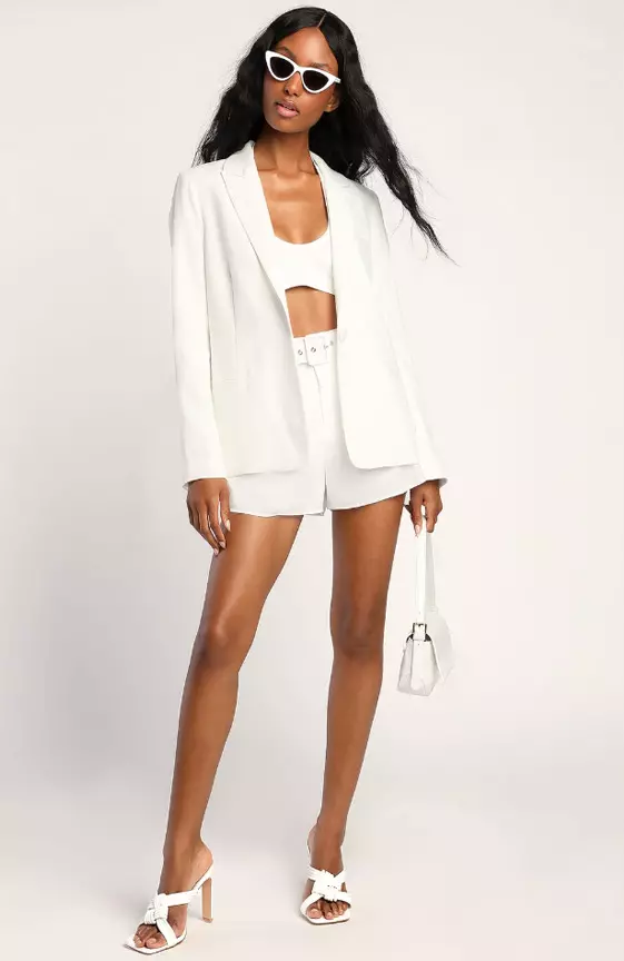 Suit and Score Ivory Pleated Belted Shorts
