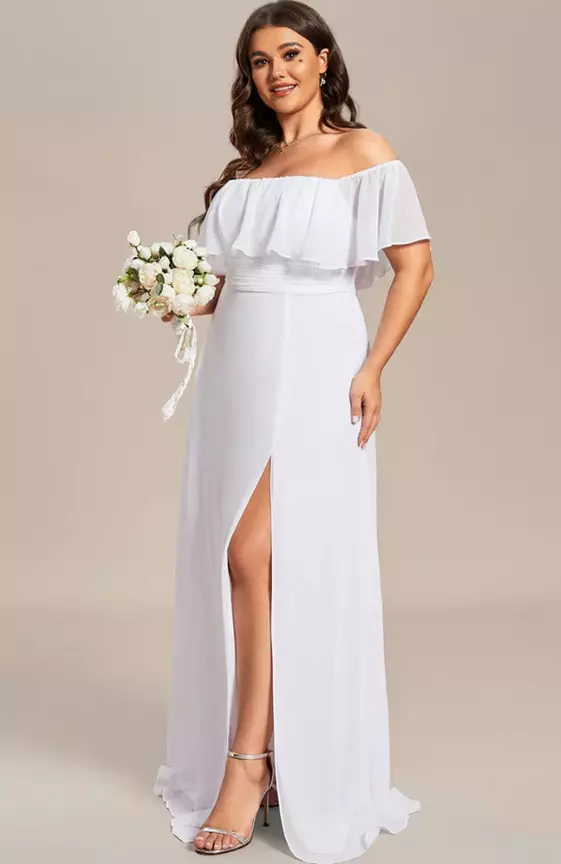 Plus Size Off the Shoulder Formal Bridesmaid Dress with Thigh Split

