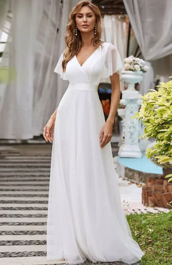 Double V-Neck Floor-Length Short Sleeve Tulle Bridesmaid Dresses
