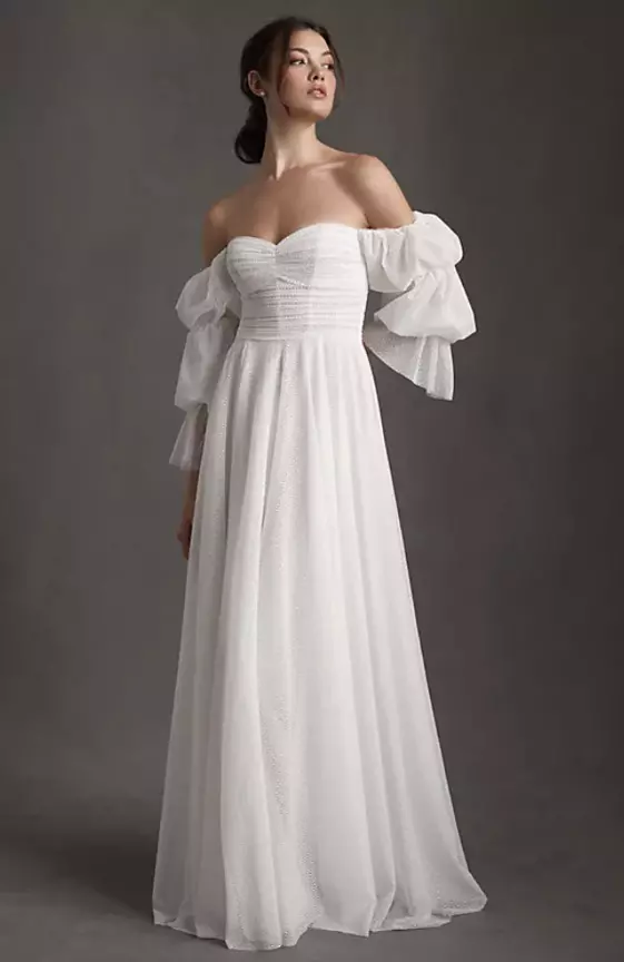Willowby by Watters Cameron Tiered-Sleeve Off-Shoulder Mesh Column Wedding Gown
