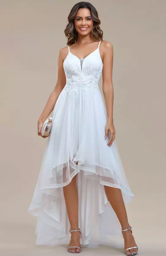 Stylish Floral Embroidered Waist High-Low Prom Dress
