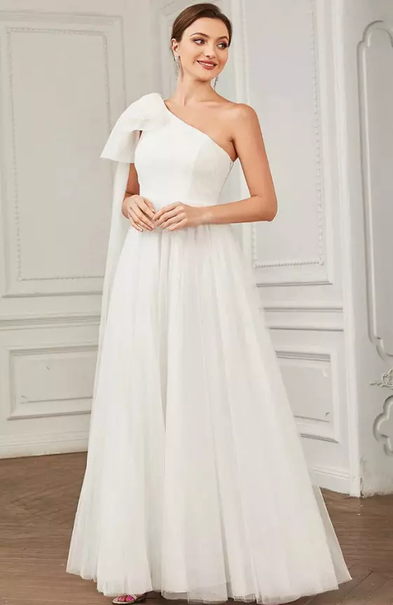 Asymmetrical Tie Sleeve Cinched Waist Layered Tulle A-line Wedding Dress
