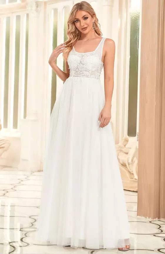 A-Line Tulle Sheer Floral Applique Wedding Dress
