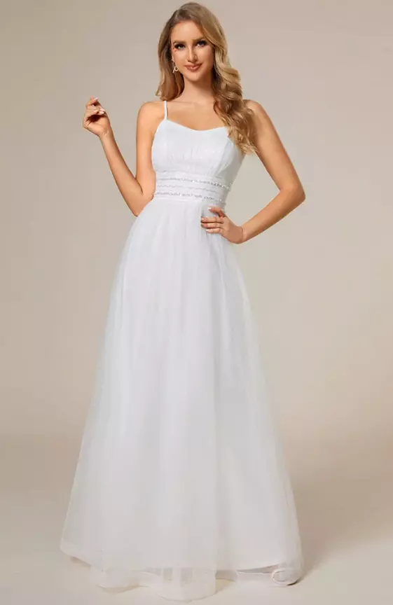 Classic Adjustable Spaghetti Strap Tulle Wedding Dress with Waist Paillette Chain
